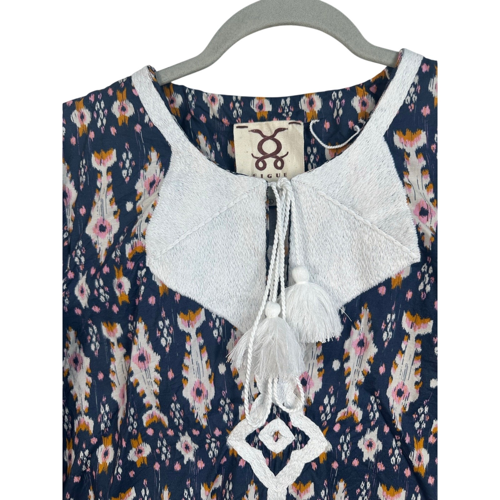FIGUE Ella Tassel Ikat Mini Dress Tunic Boho Crochet Trim Pom Pink Blue Large