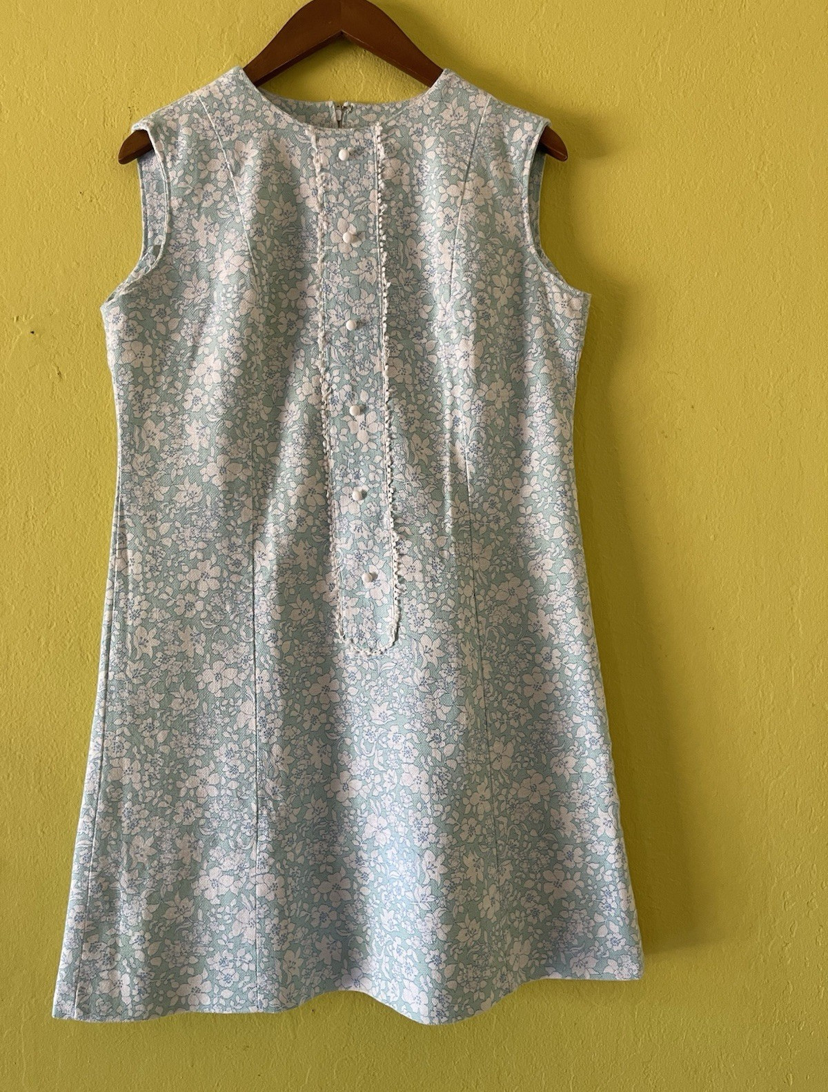 Vintage Liberty Circle Blue White Floral Shift Dress Round Neck Knee M