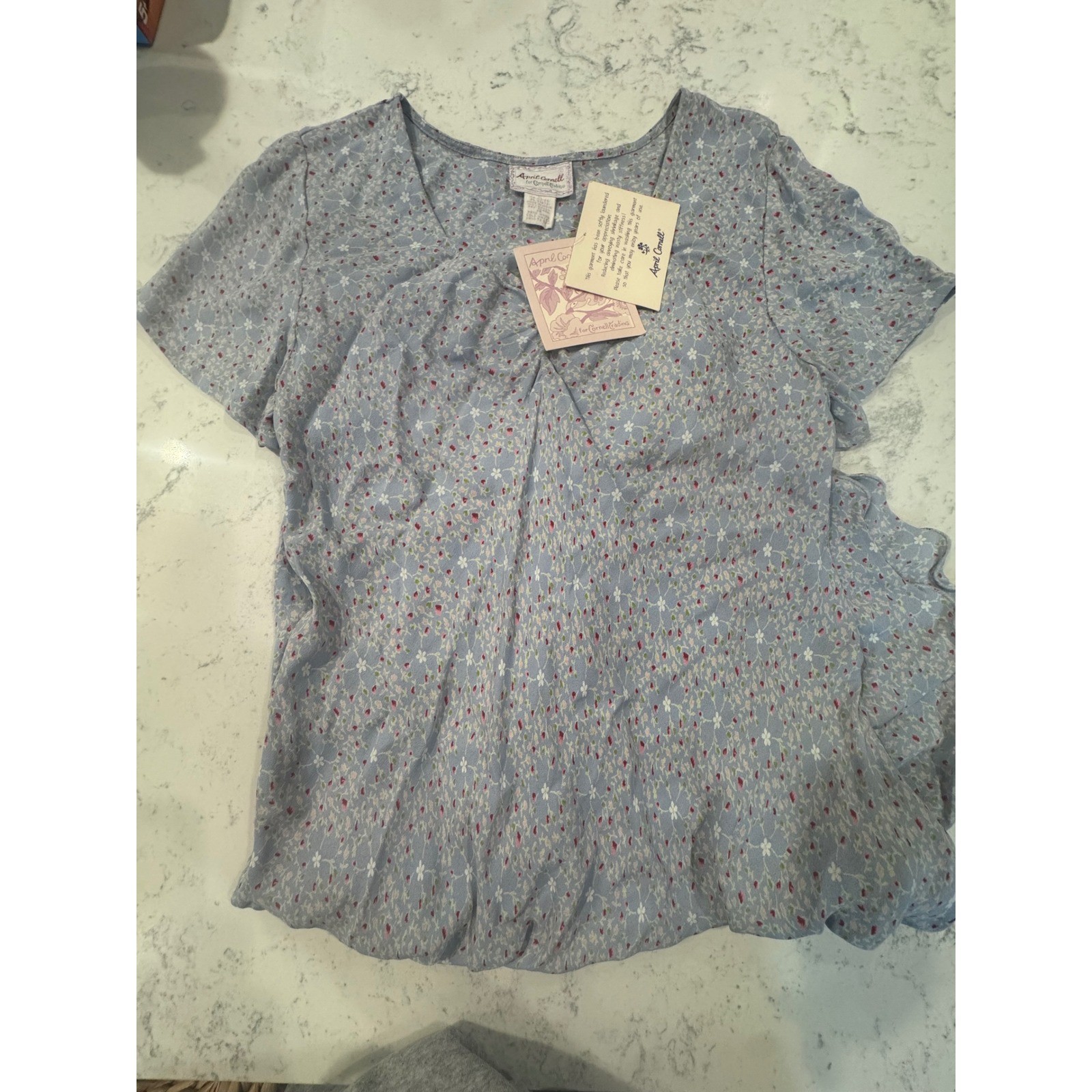 April Cornell Blue Floral Rayon Midi Dress Short Sleeve V-Neck Vintage NWT