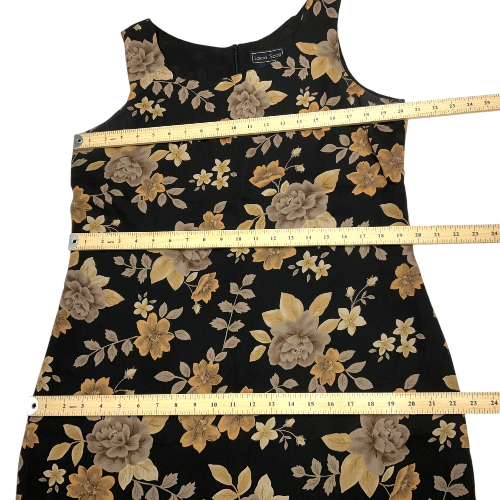 Laura Scott Dress Full Long Sleeveless Black Pencil Sz L tan Beige Floral lined