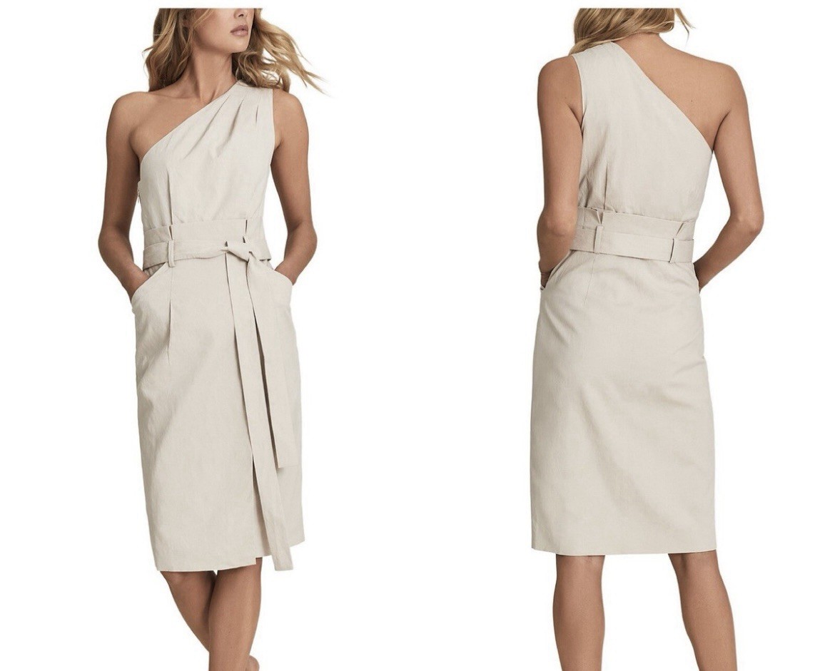 NWT REISS dress -no stretch-classy-neutral color-pockets-waist tie -SZ.8