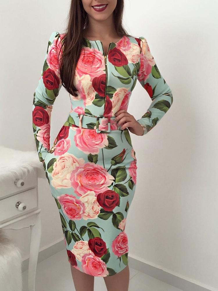 V-Neck Floral Tie Bodycon Dress