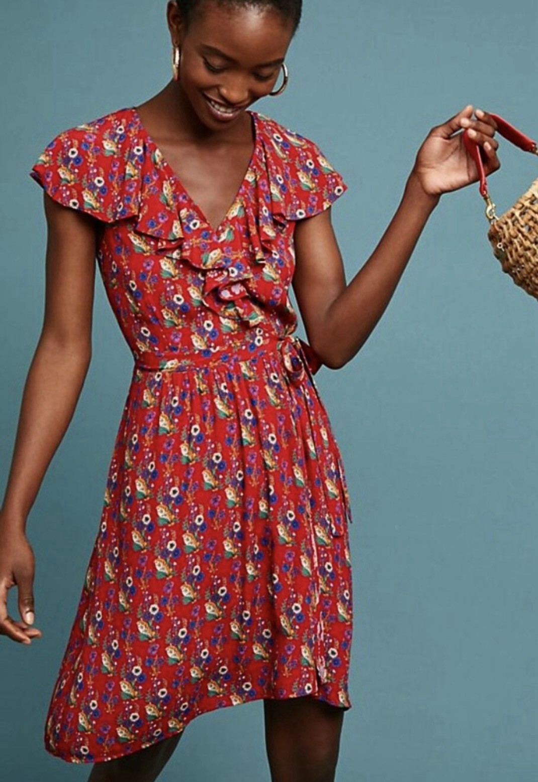 Anthropologie Maeve Dress Womens 6 Red Floral Flutter Sleeve Ruffle Rosalia Wrap
