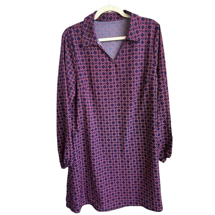 SHEIN Women’s XL Geometric Print Collared Long Sleeve A-Line Dress Navy Pink