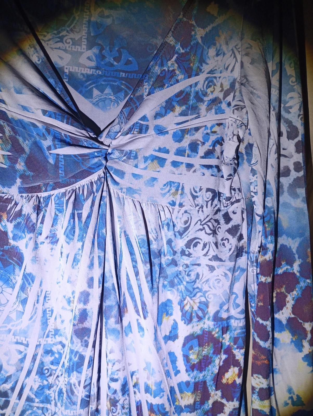 Animal Print V-Neck Long Sleeve Pullover Mini Dress Size L Blue White