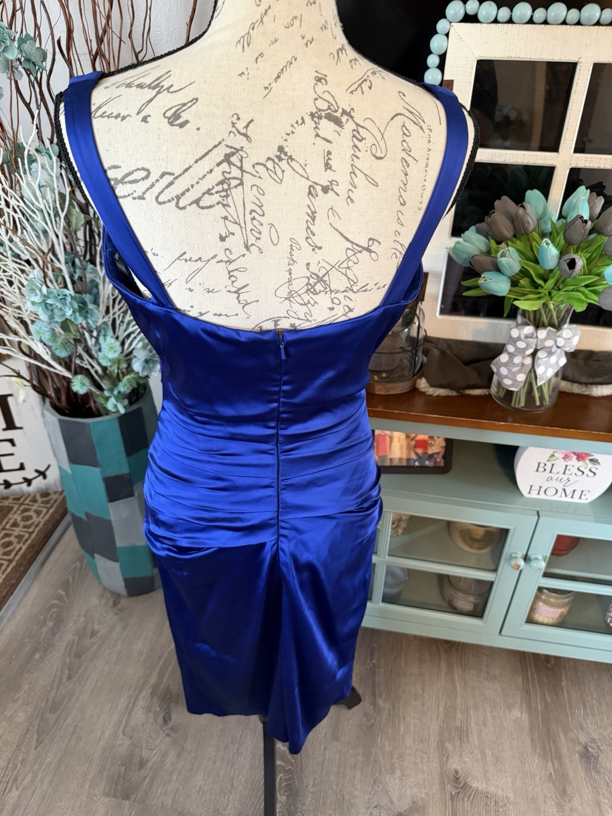 Suzi Chin Blue Satin Sheath Dress Square Neck Ruched Sleeveless Sz 10