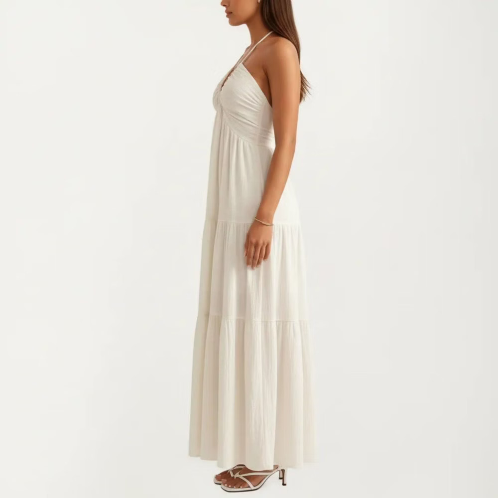 Anna-Kaci Women Halter Neck Tiered Maxi Dress with Twist Front Bodice Flowing
