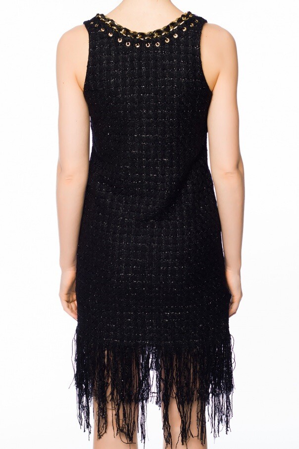 BALMAIN Tweed Fringe Shift Dress 38 M Linen-Blend Chain Trim Black RRP £2,650