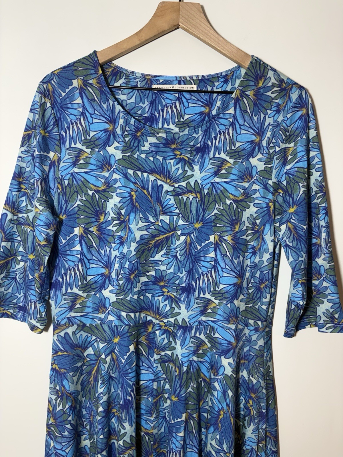 Peruvian Connection Dress Womens Sz M Blue Maldives Maxi Floral Pima Jersey