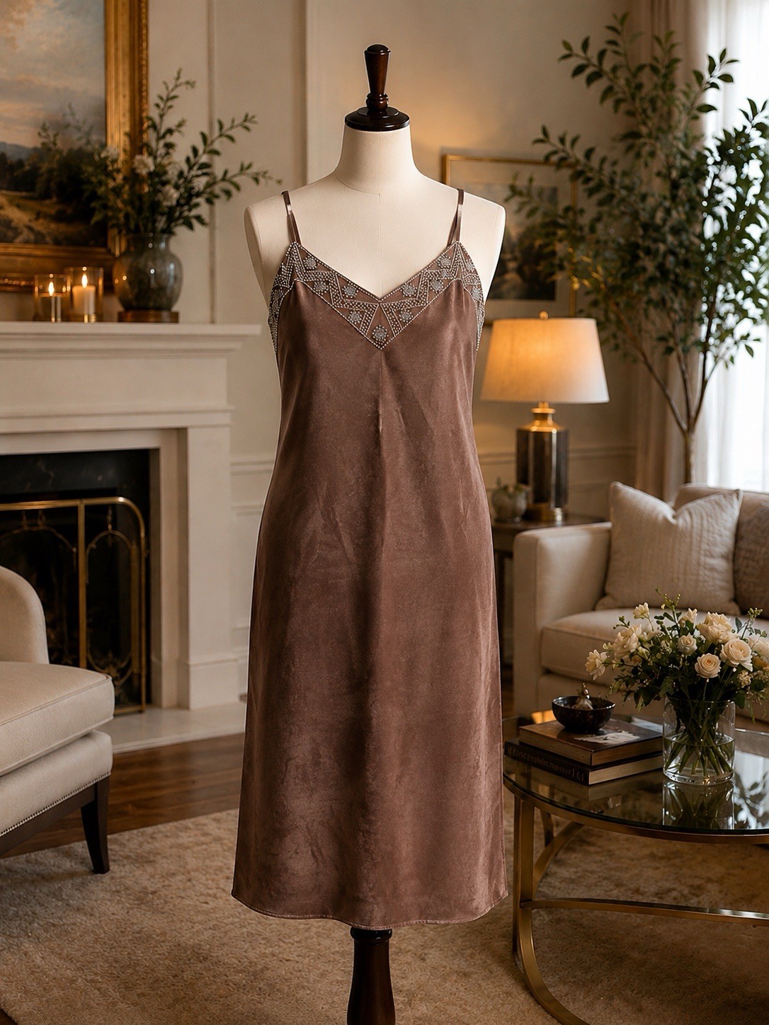 Vintage Nipon Night 100% Silk Beaded Slip Dress Y2K Bronze Brown Size 10