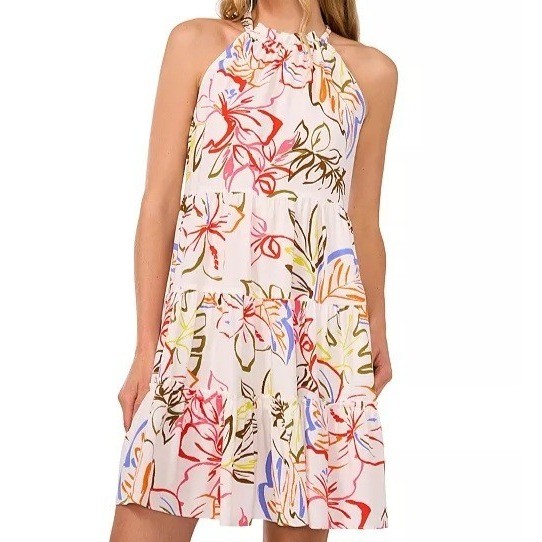 CeCe Tropical Tie Back Halter Tiered Sleeveless Mini Dress Floral Womens Size L