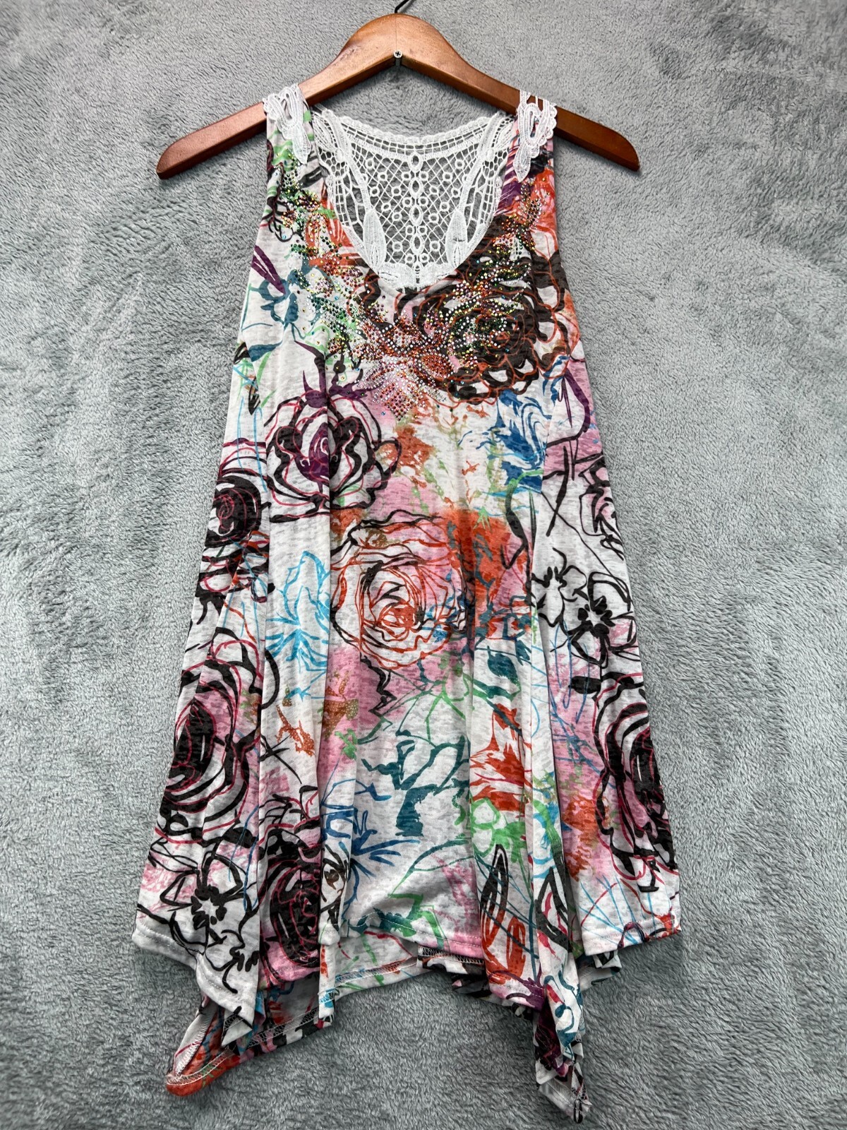 NWT Cristina Tunic Mini Boho Dress Womens Large Floral Rhinestone Lace Racerback