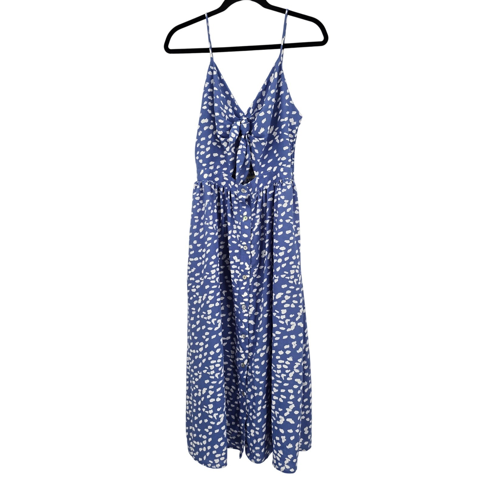 Adrienne Blue Spotted Print Cut Out Tie Front Button Down Midi Sundress Medium