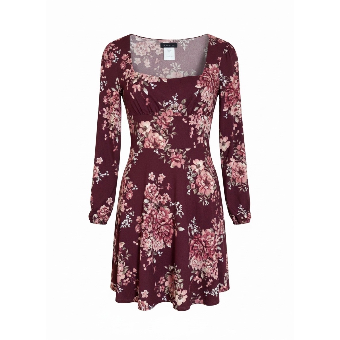 B. Darlin Burgundy Floral Square Neck Long Sleeve Mini Dress Size 3/4 T48ZR378