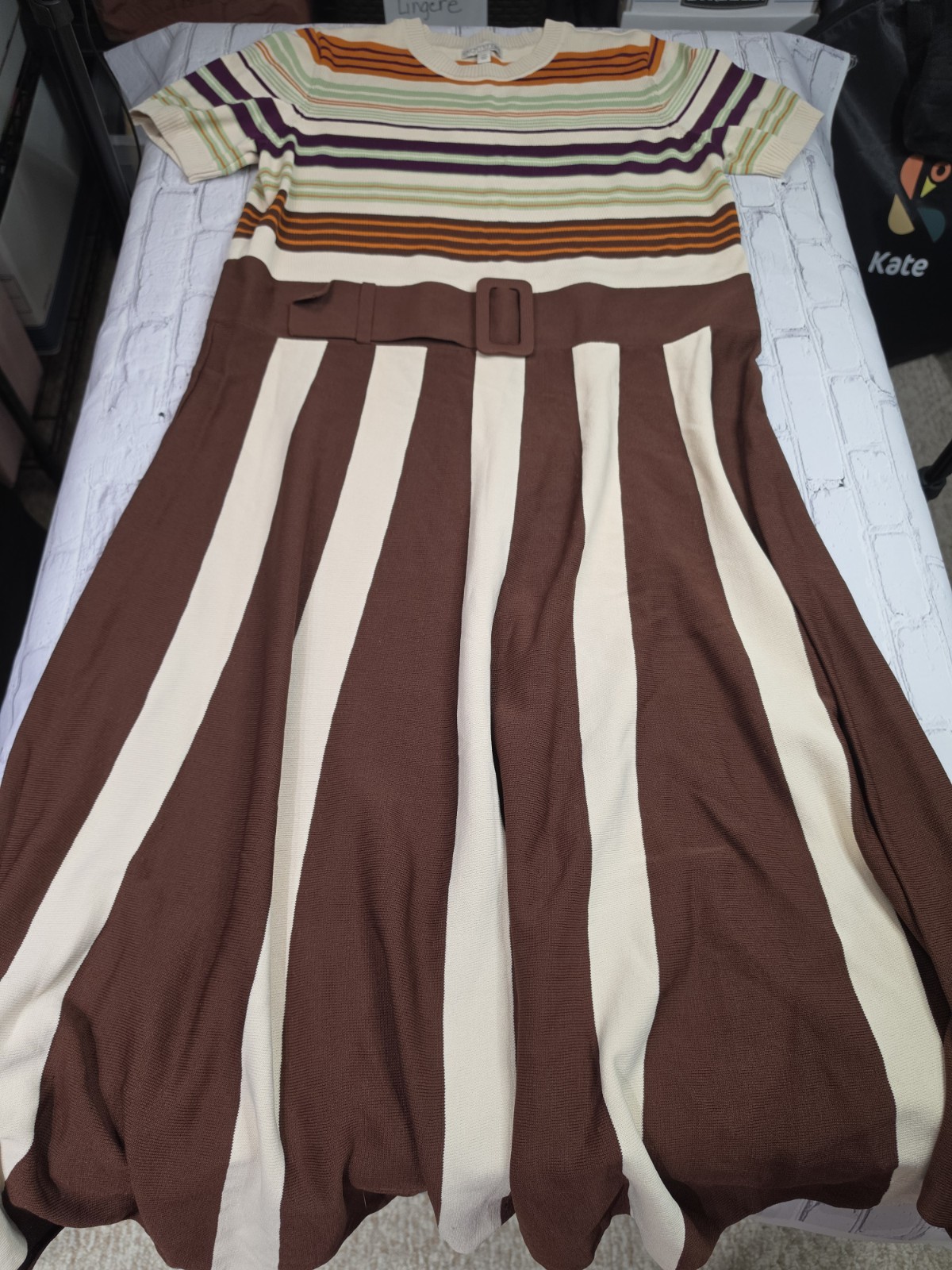 Eva Mendes New York & Company Striped Knit Maxi Dress Belted Retro Size XXL