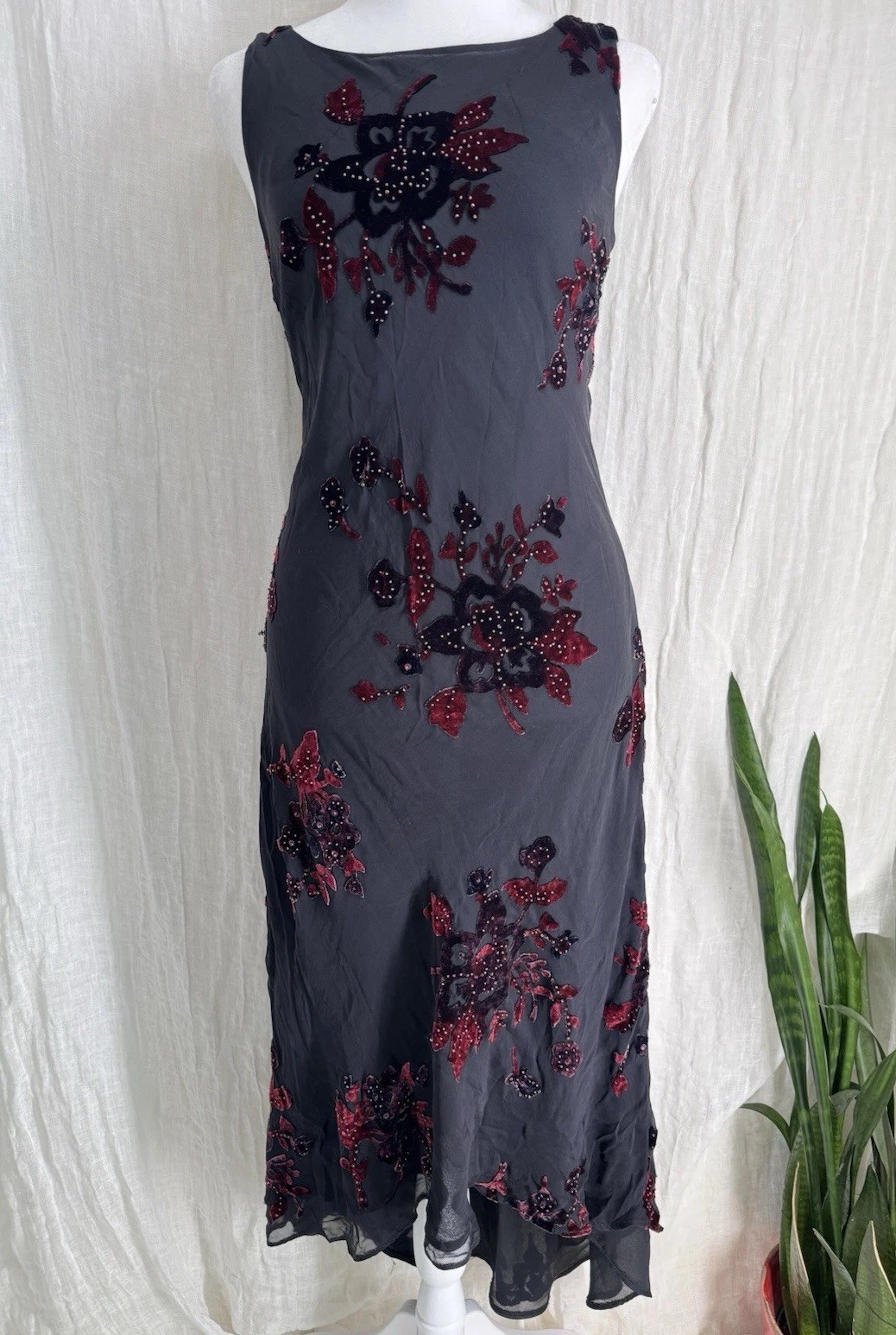 Vtg Express Silk Velvet Burnout Dress 14 Whimsigoth Fairy Y2K Beaded Open Back