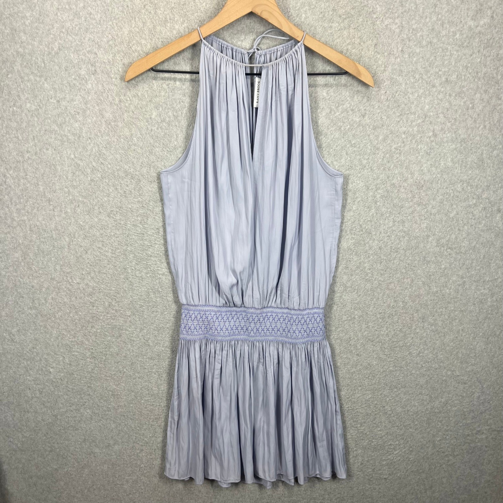 Ramy Brooke Paris Dress Women S Pale Blue Smocked Waist Halter Neck Mini EUC