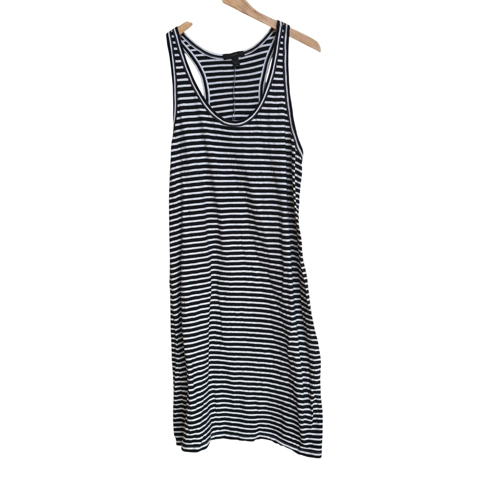 J.Crew Striped Tank Dress Large Navy Blue White Sleeveless Racerback Midi Knit