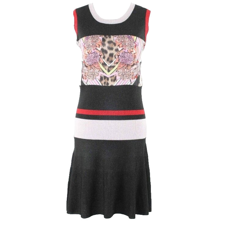 Just Cavalli Sz L Black Red Multi Shimmer Animal Print Acetate Blend Dress