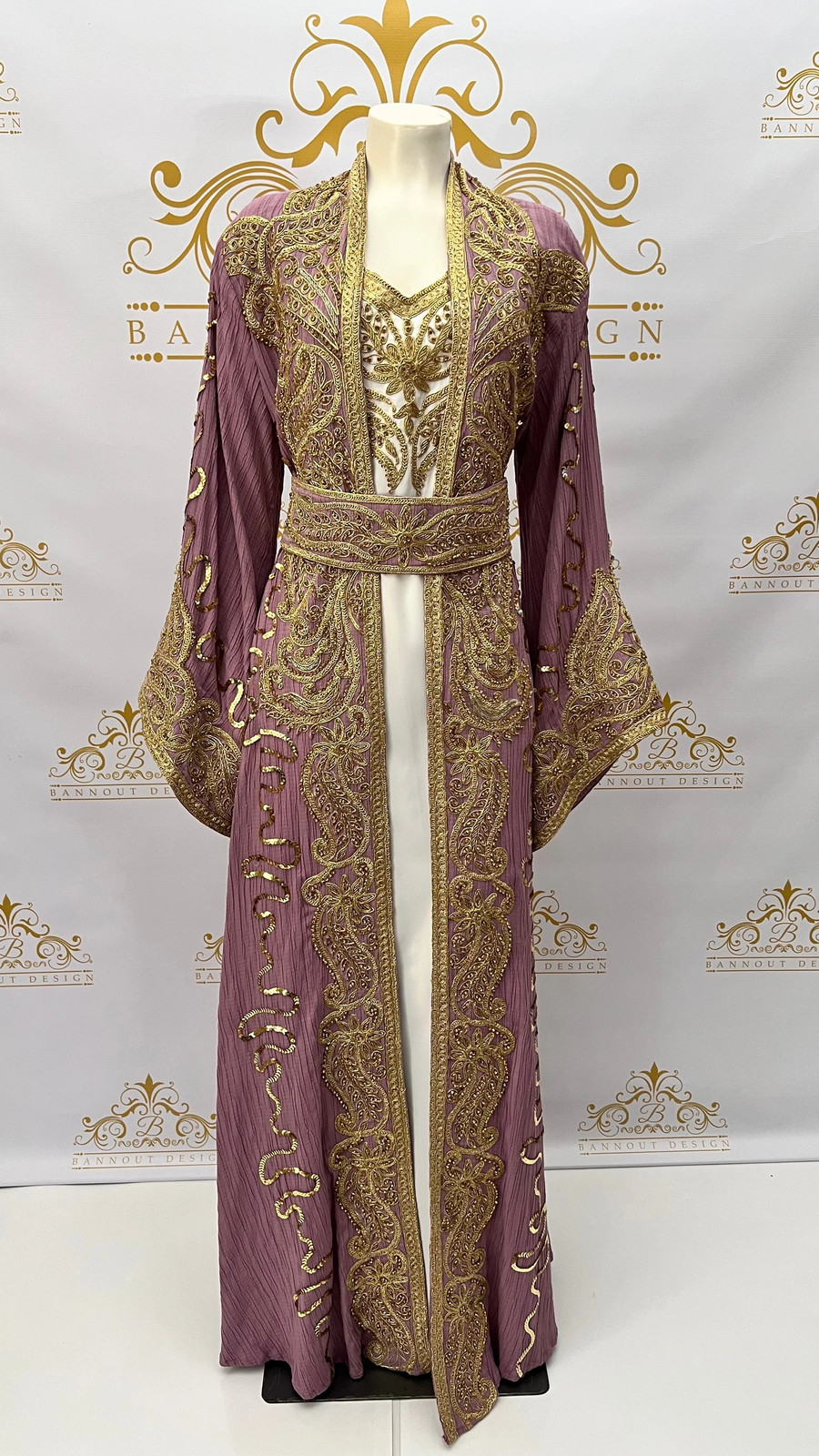 Kaftan Caftan Abaya Dress Golden Embroidery & Beads Paisley Design Long Sleeve