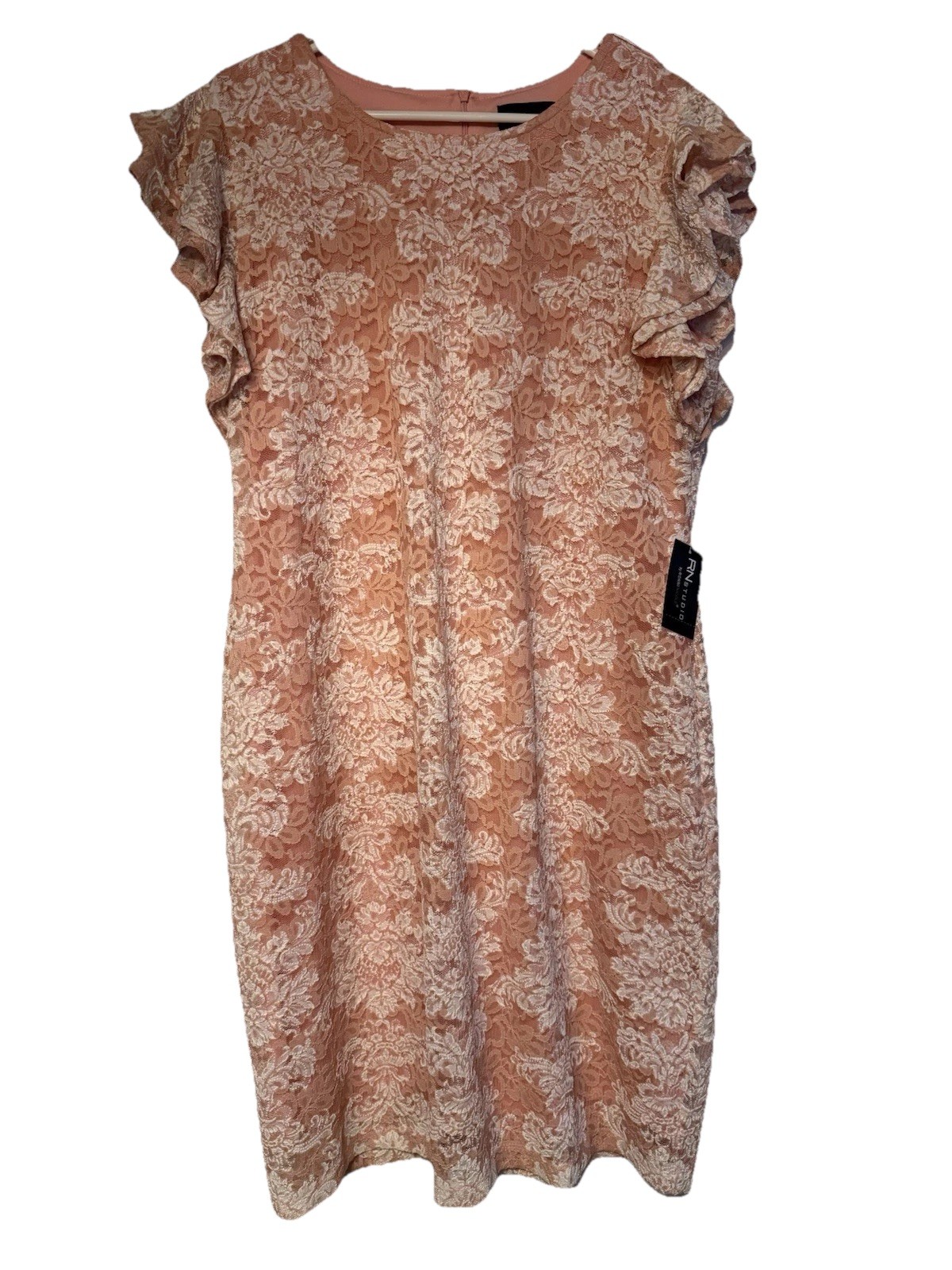 RN Studio Pink Lace Dress with Ruffle Sleeves Women’s 18 Blush/Ivory New