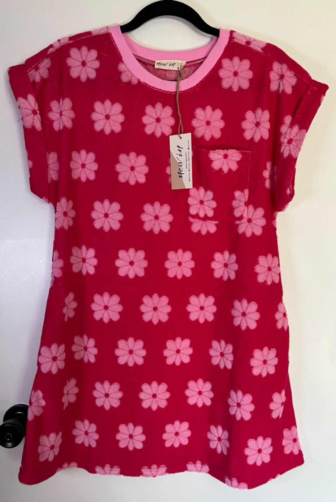 Pink Flower Terry Cloth Rolled Sleeve Dress Sz Small Beach Cover Up Pockets Y2K