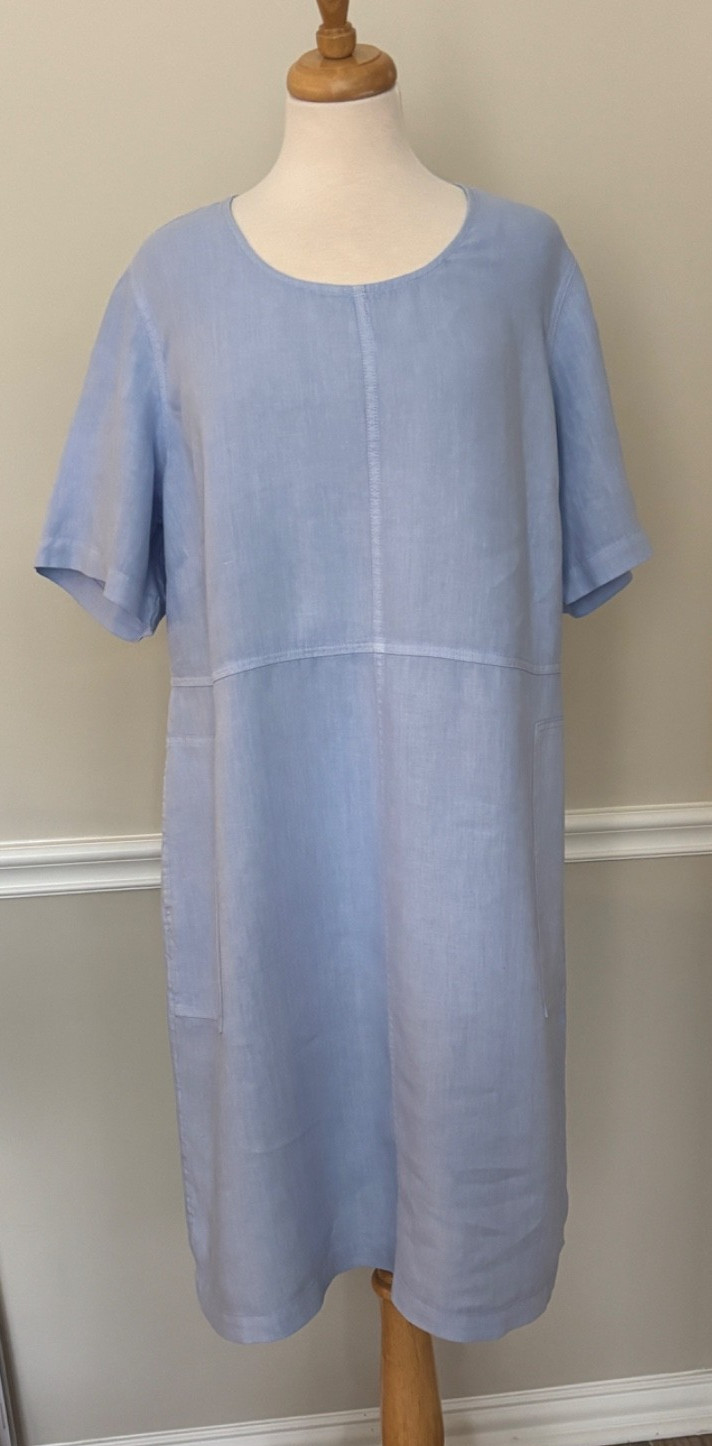 J. Jill Linen Dress~XL~Lt Blue Garment Dyed~Short Sleeve~Pockets~Loose Fit~EUC