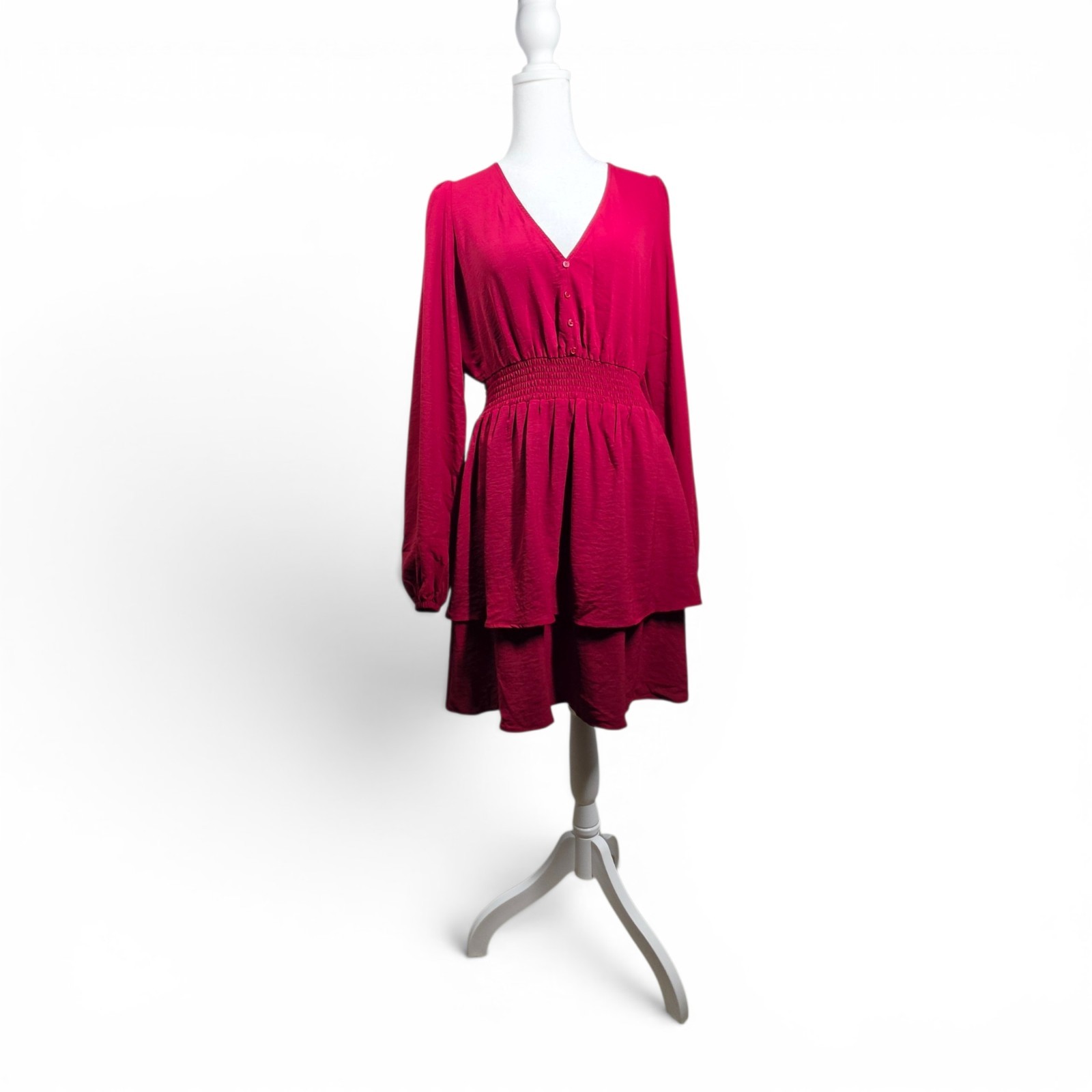 Lola Grace Women’s Burgundy Long Sleeve Smocked Waist Tiered Dress L NWT