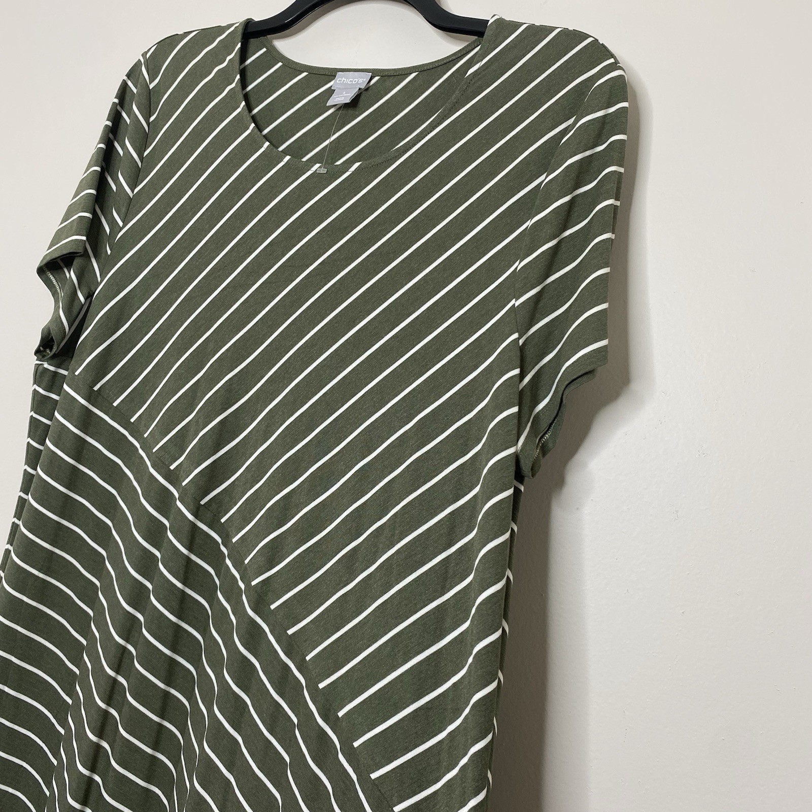 Chico’s Spliced Striped A Line Stretch Dress Sage Green White Size 4 U.S 20/22