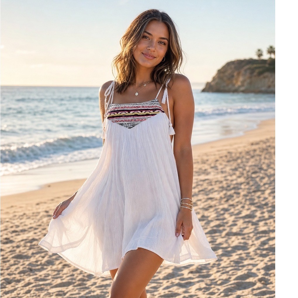 Rip Curl White Embroidered Tassel Tie Mini Dress Beach Cover Up Womens Med New