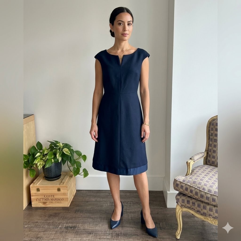 Tory Burch Navy Wool Blend Cap Sleeve Midi Sheath Dress Scoop Neck Size 4