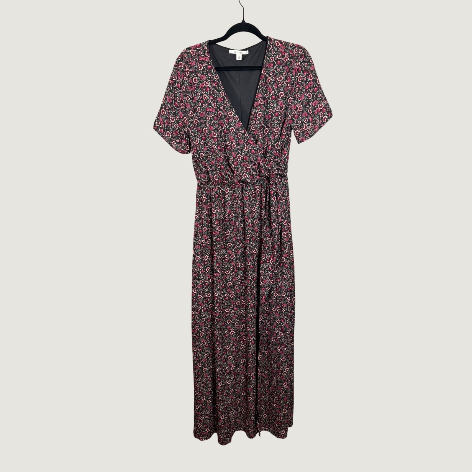 Francescas Miami Black Floral Print Faux Wrap Tie Maxi Dress Boho Peasant L