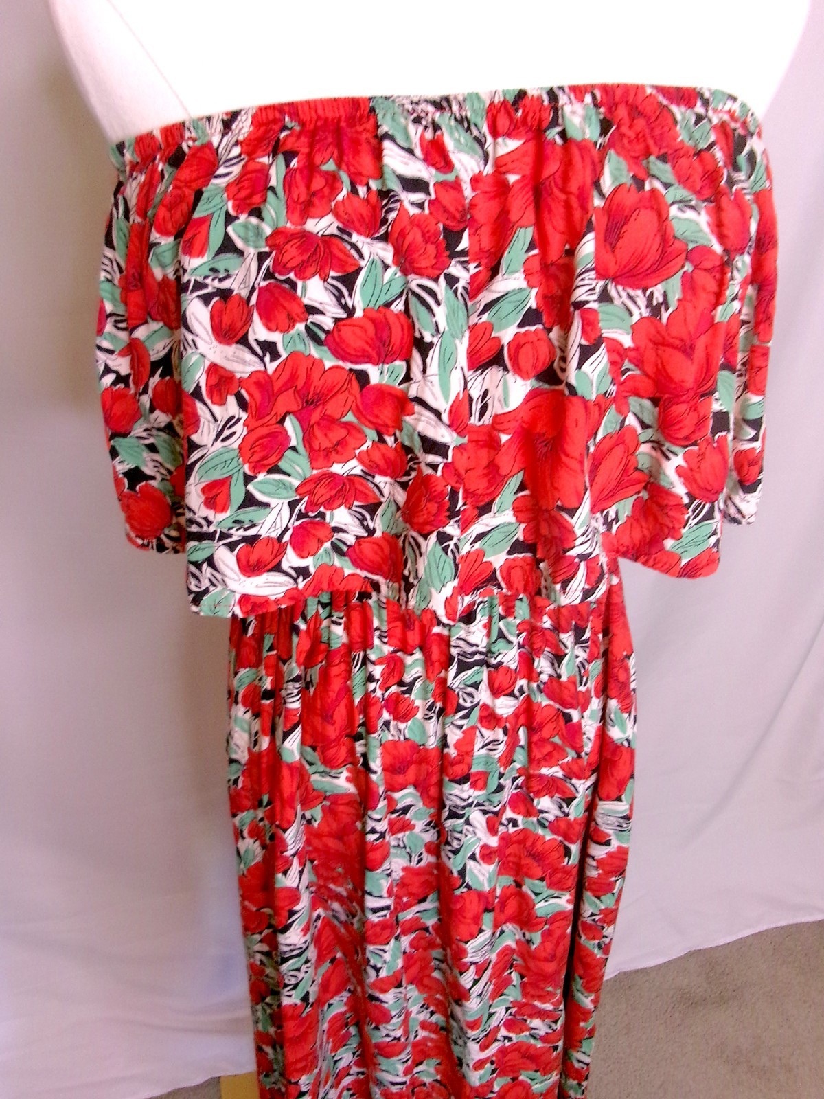 Strapless Floral Maxi Dress Boho Tropical Red Floral Tube Dress S