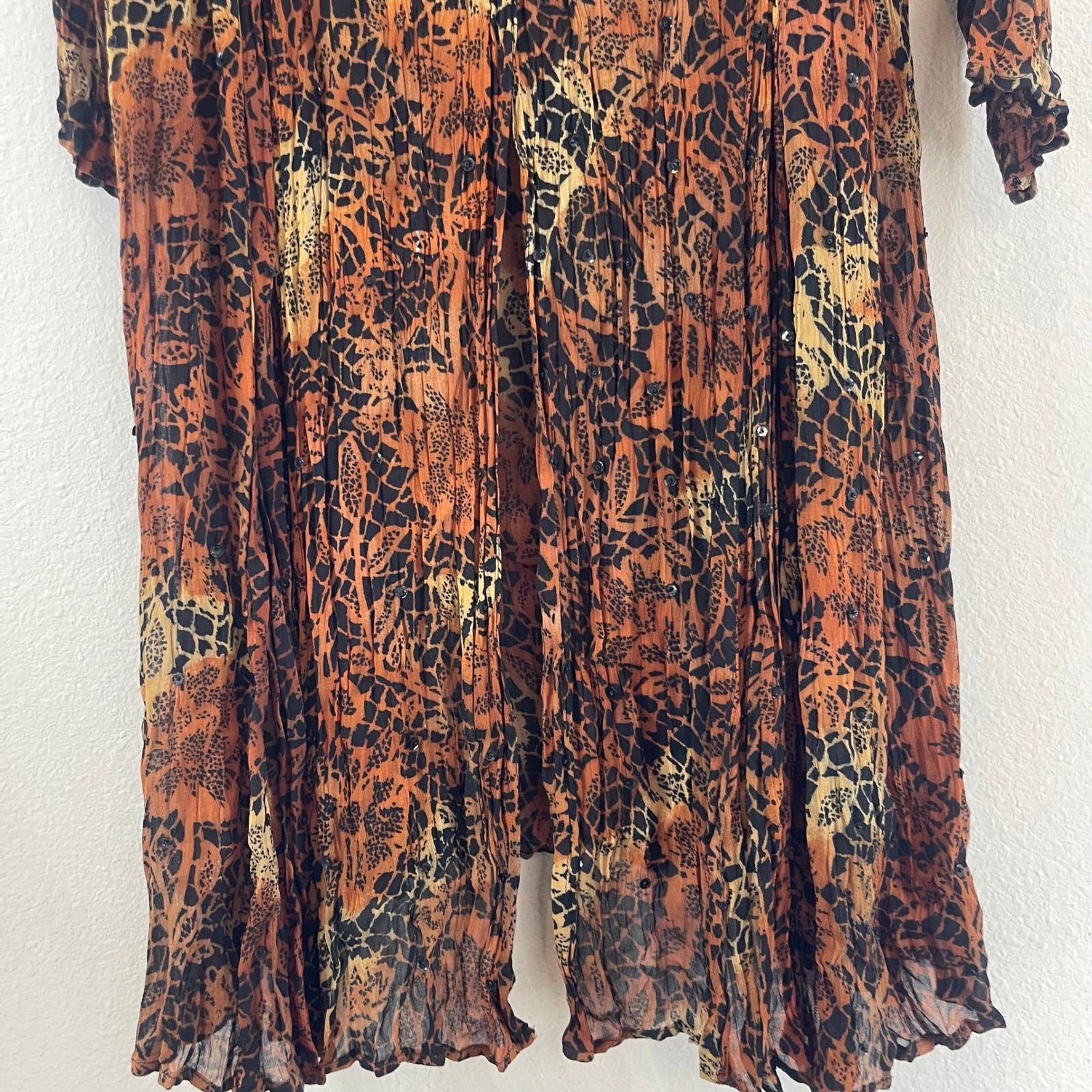 Boho Crinkle Duster Dress Womens L Brown Sequin Sheer Button Front 90s Festival