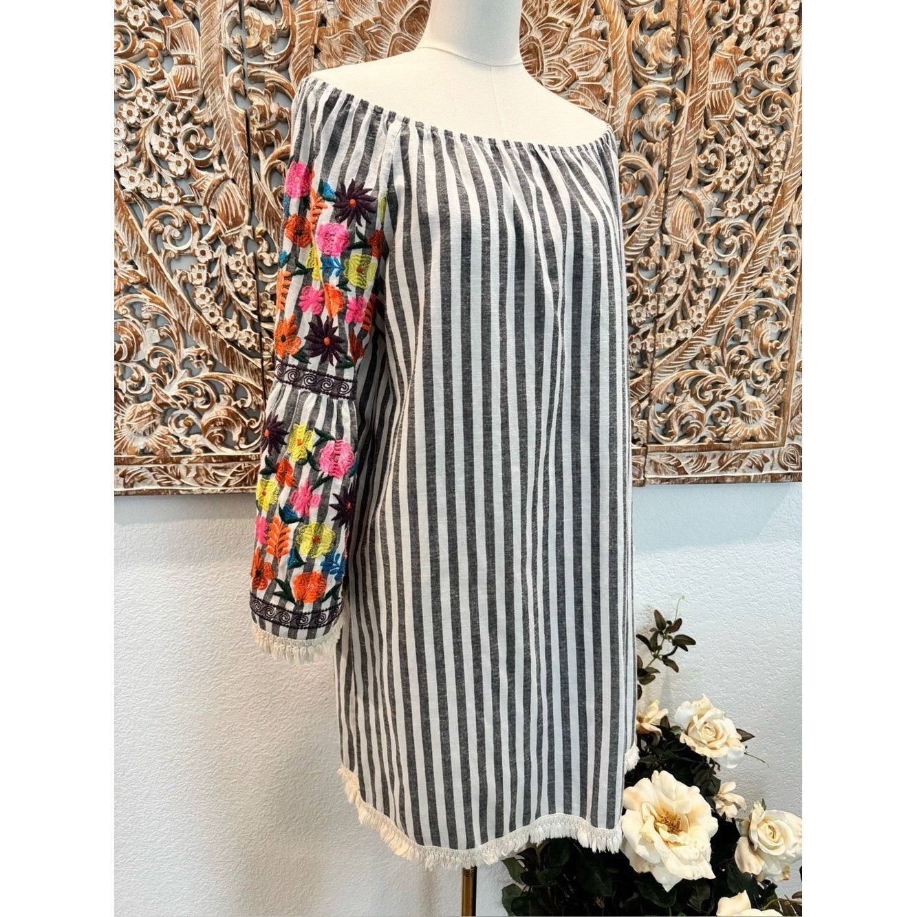 Philosophy Off-Shoulder Striped Tunic Mini Dress, Floral Embroidered Sleeves