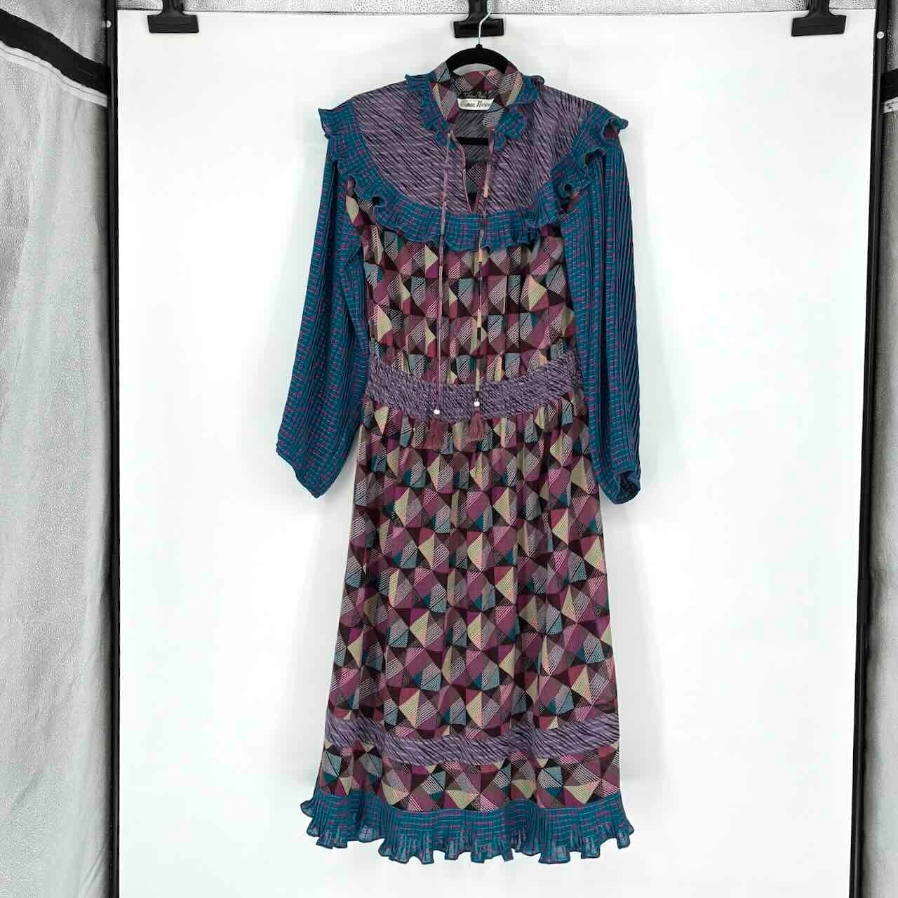 Vtg 70s Diane Freis Geometric Purple & Blue Print Boho Midi Dress – Size M/L