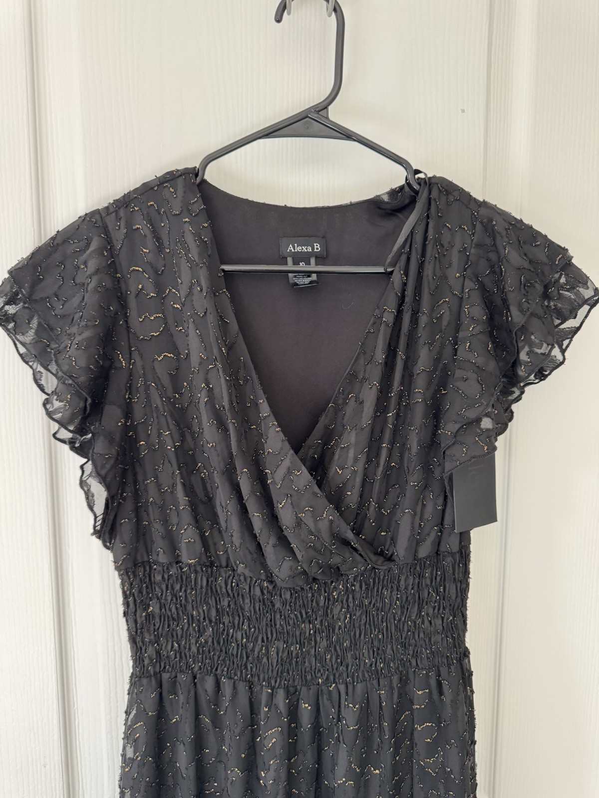 Alexa B Black Gold Glitter Smocked V-Neck Flutter Sleeve Midi Dress Sz 10
