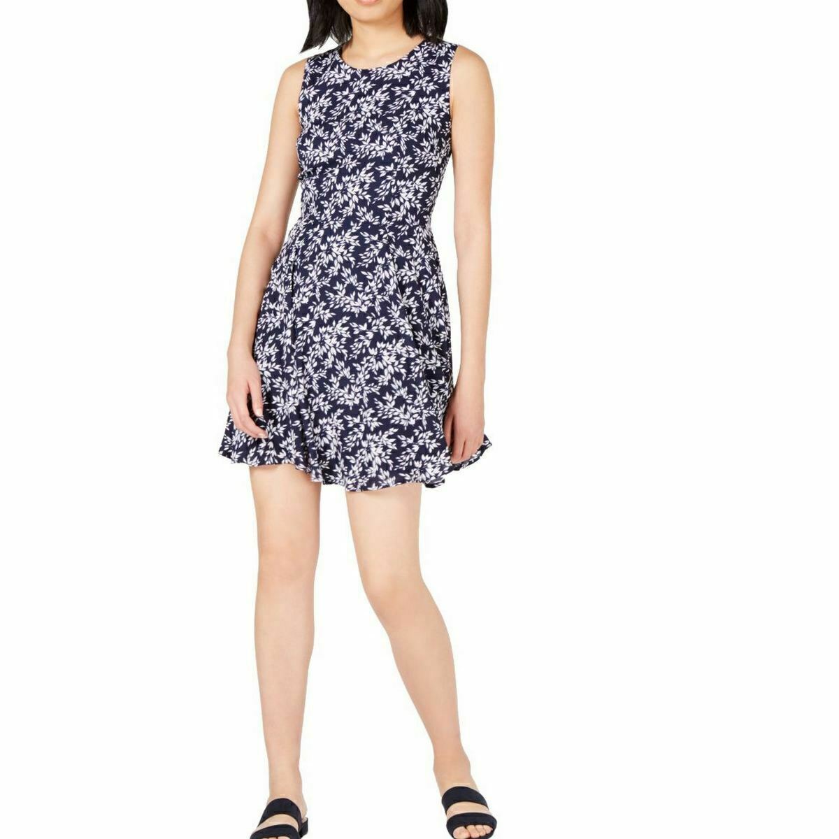 Maison Jules Dress Fit and Flare High Neck Short Leaves Blue Sz 2 NEW NWT 394
