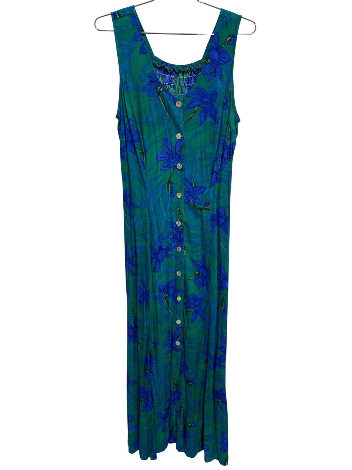 90s Betsy Lauren Maxi Dress Size 12 Floral Sleeveless Button Up Green Blue Boho