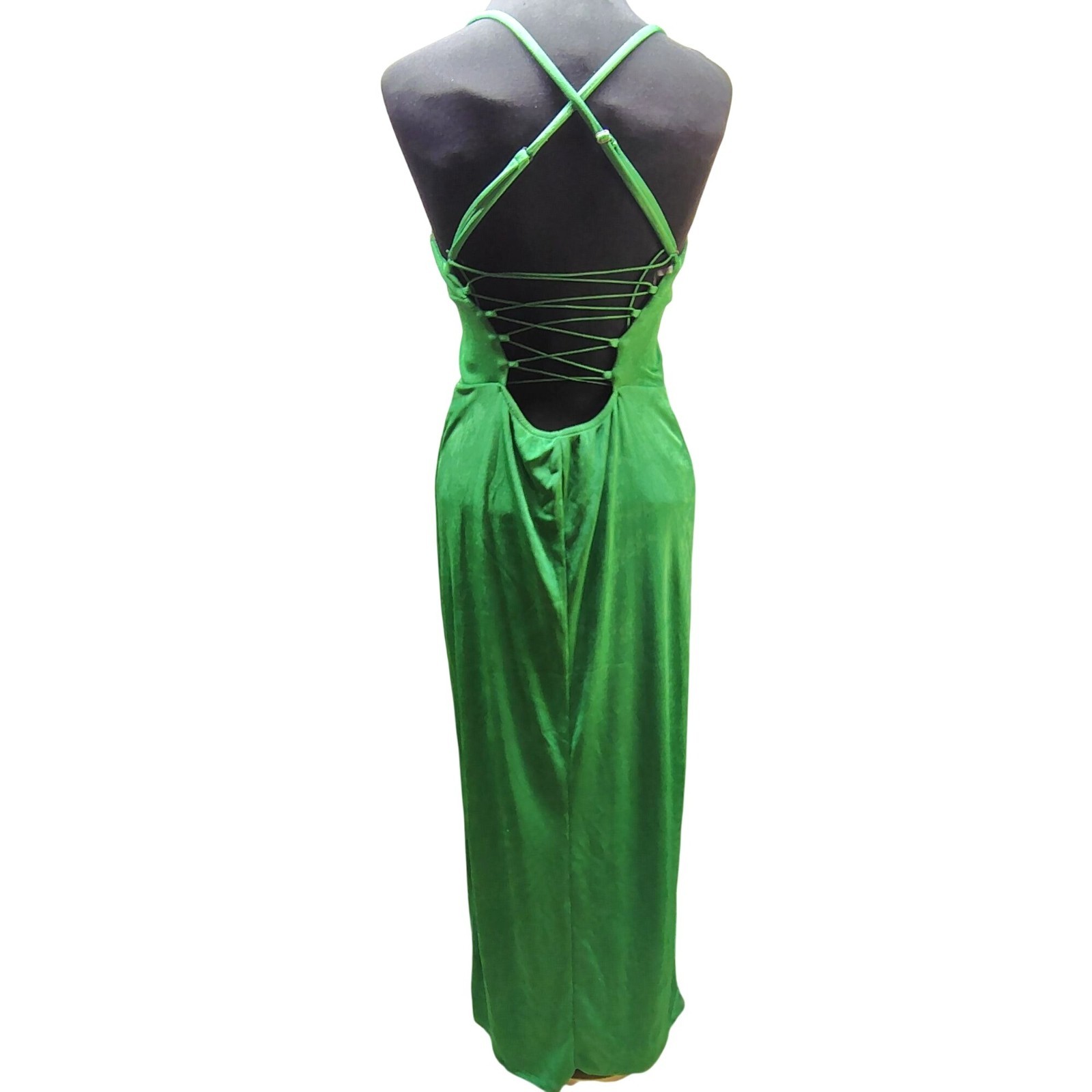 Wild Fable Emerald Satin Lace Up Back Midi Dress Side Slit Women’s Large