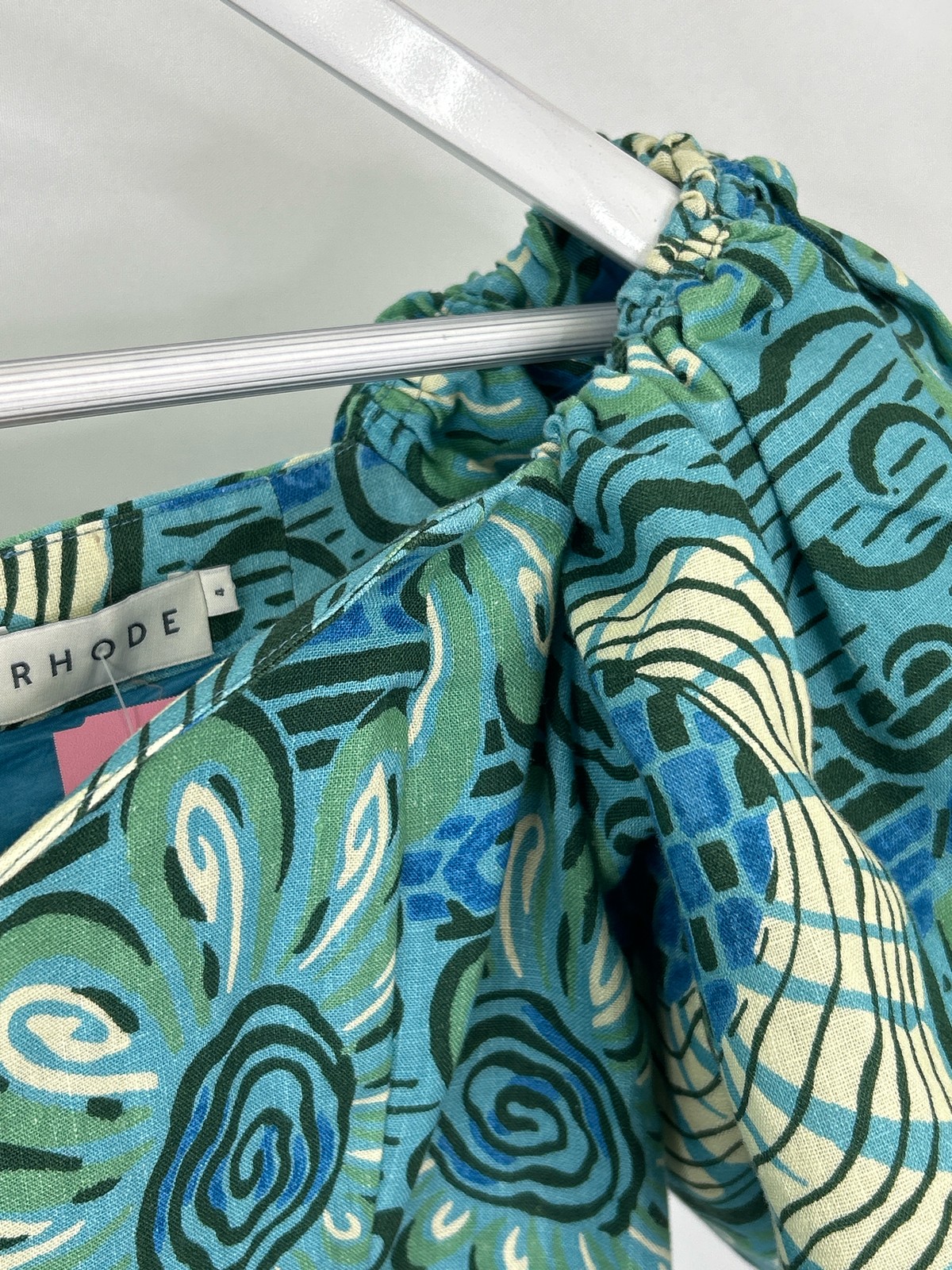 Rhode Dali Aquatic Bloom Mini Puff Linen Size 4 Blue & Green Women Dress