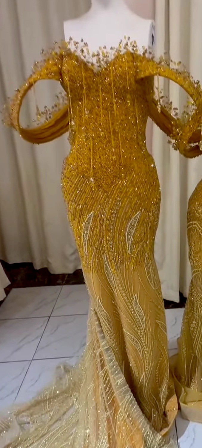 Custommade Gold Off Shoulder Beaded Sequin Long Formal Gown Train Size S