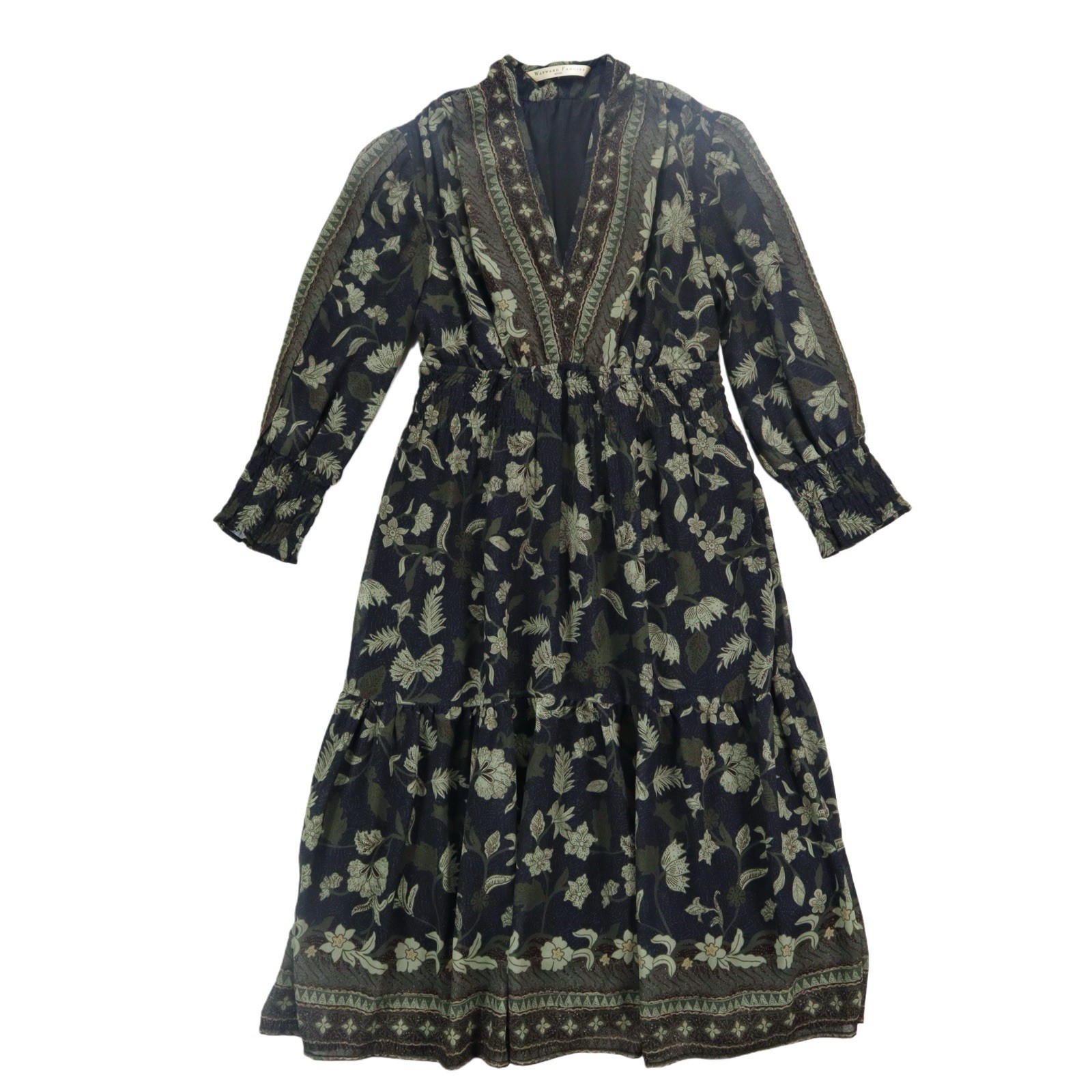 eShakti Dress Wayward Fancies Chiffon Midi Longsleeve Floral Print Batik Green