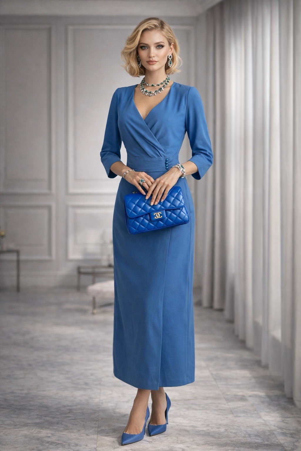 Women’s Sophisticated Blue Wrap Dress 3/4 Sleeve Button Detail Size 6 Glamorous