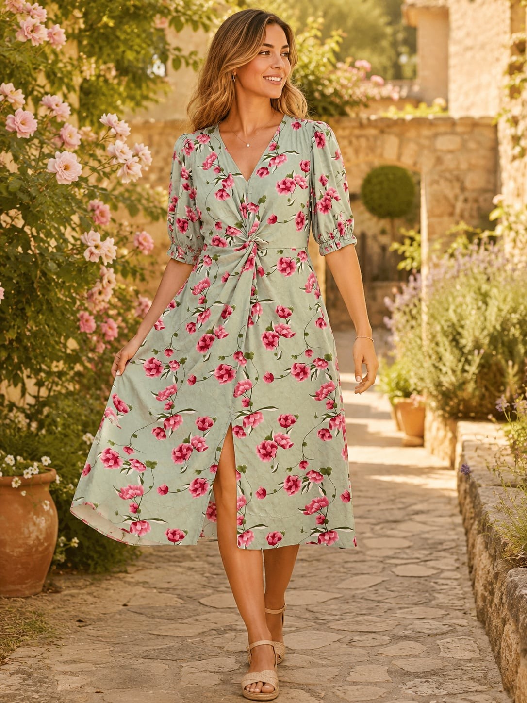 Alk Urban Green Floral Midi Dress Front Twist V Neck Puff Sleeve Medium