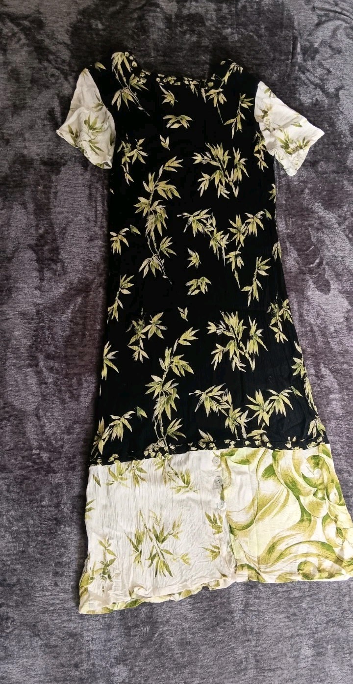Vintage CASUAL STUDIO Black/GreenFloral Linen Dress Square Neck Short Sleeve M