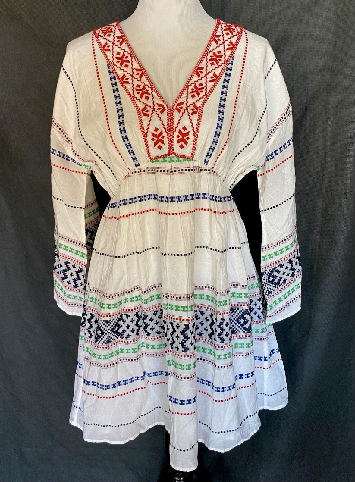 JOIE Size M Sada Aztec Embroidered Cotton Lined 3/4 Bell Sleeve Mini Dress