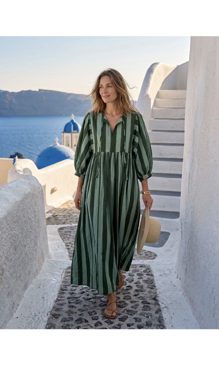 Green Striped Cotton Maxi Dress, Handmade Balloon Sleeve, Loose Fit Resort Wear,