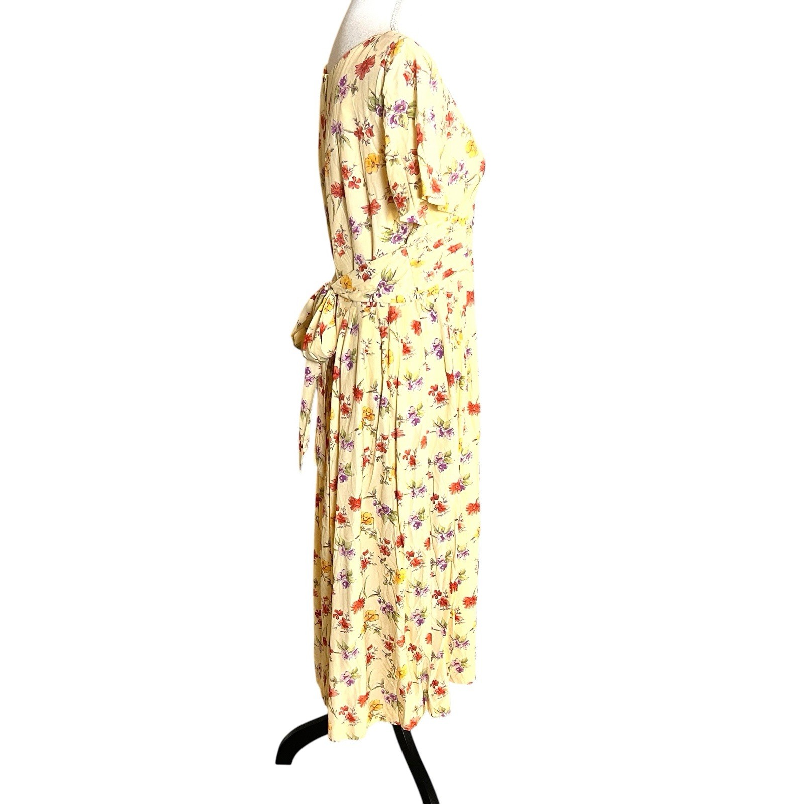 Vtg Karin Stevens 90s Yellow Floral Midi Dress Spring Fit Flare Cottagecore L