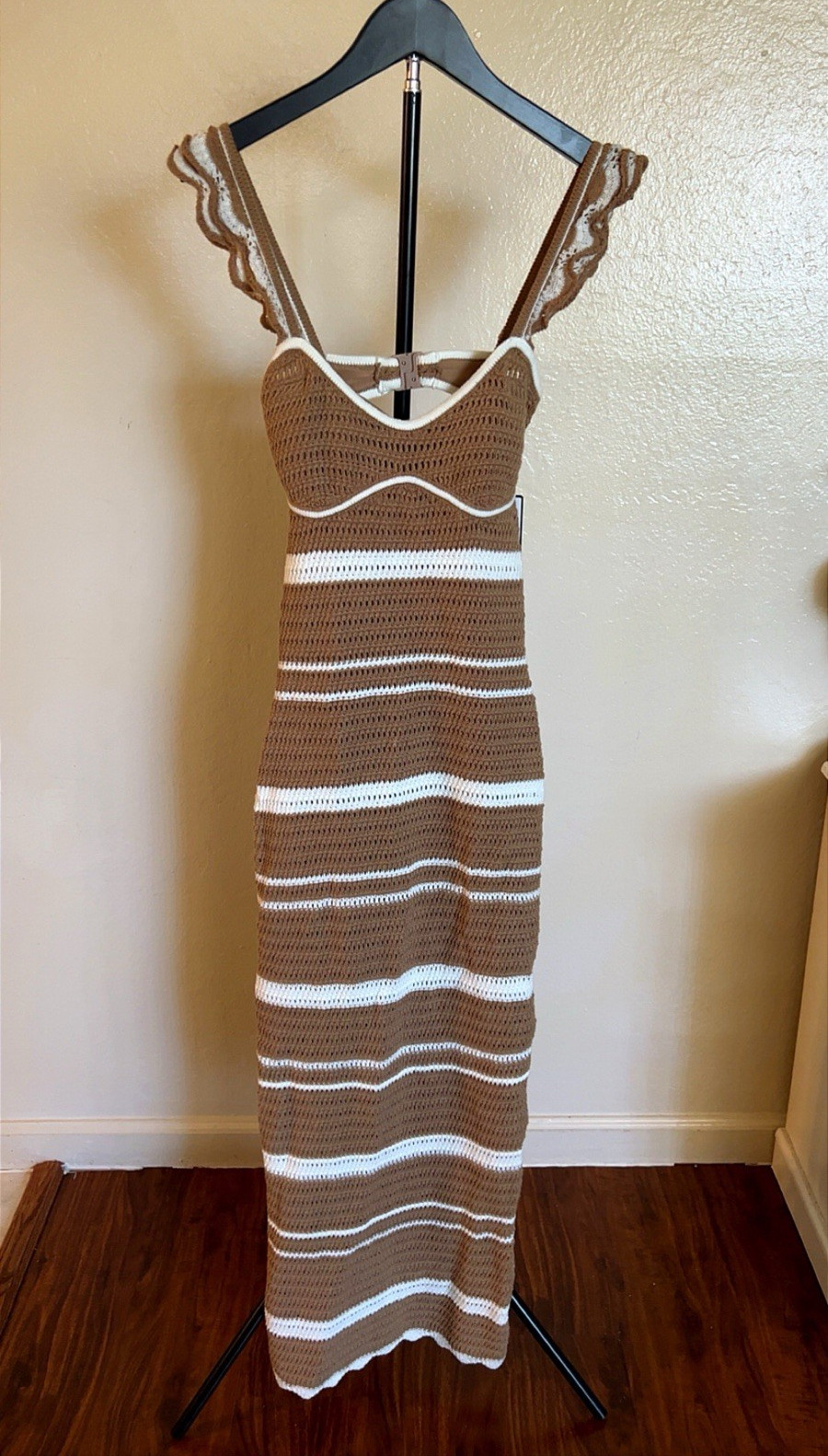 Jluxlabel XS Brown/White Striped Knit Backless Strappy Sleeveless Maxi Dress